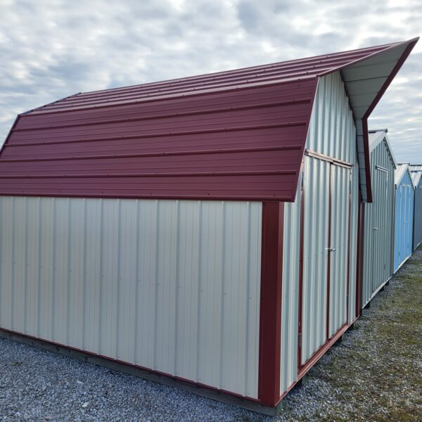 Row of colorful metal storage sheds