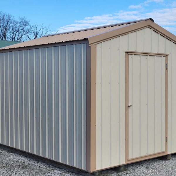 Metal storage shed in outdoor setting