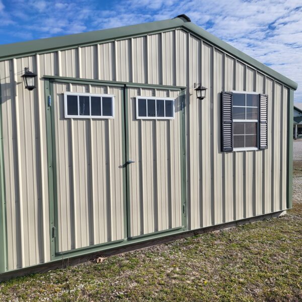 Metal shed with windows and door