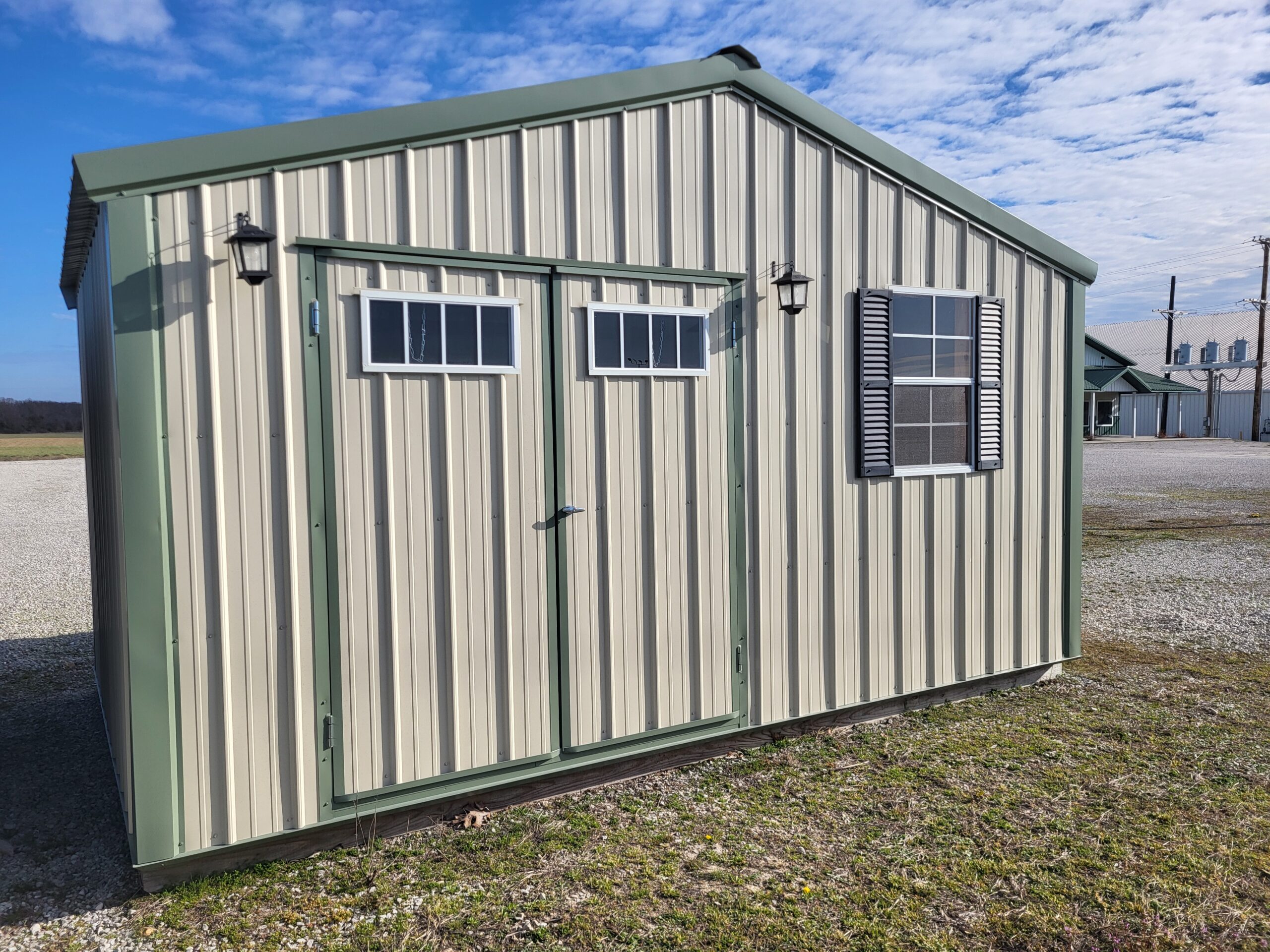 Metal shed with windows and door