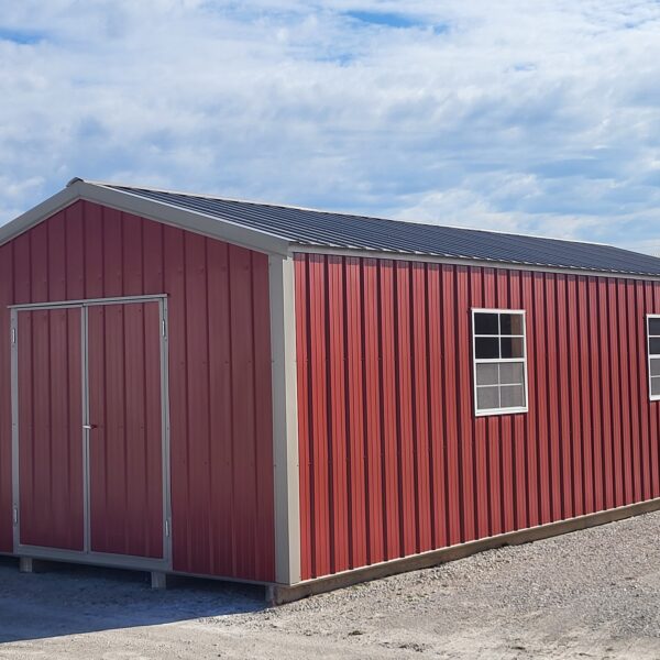 Red metal storage shed outdoors