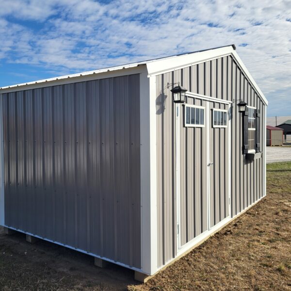 Metal shed in open field