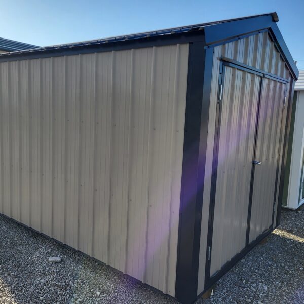 Metal storage shed in outdoor setting