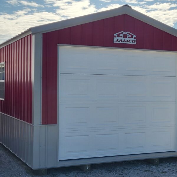 Red and white storage shed